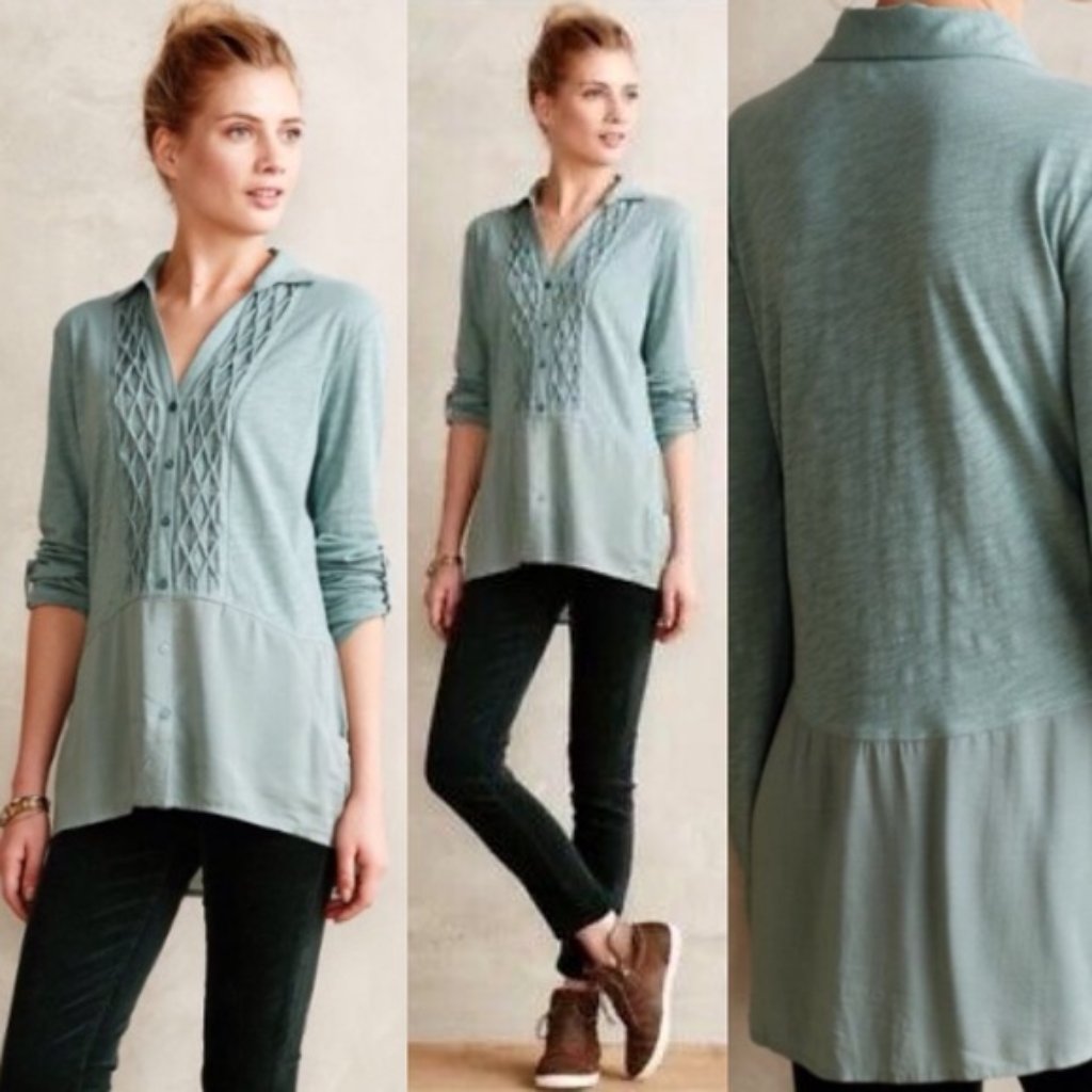 Anthropologie Meadow Rue Reha Layering Tunic Top Moss Green Size Xs Smocked Boho